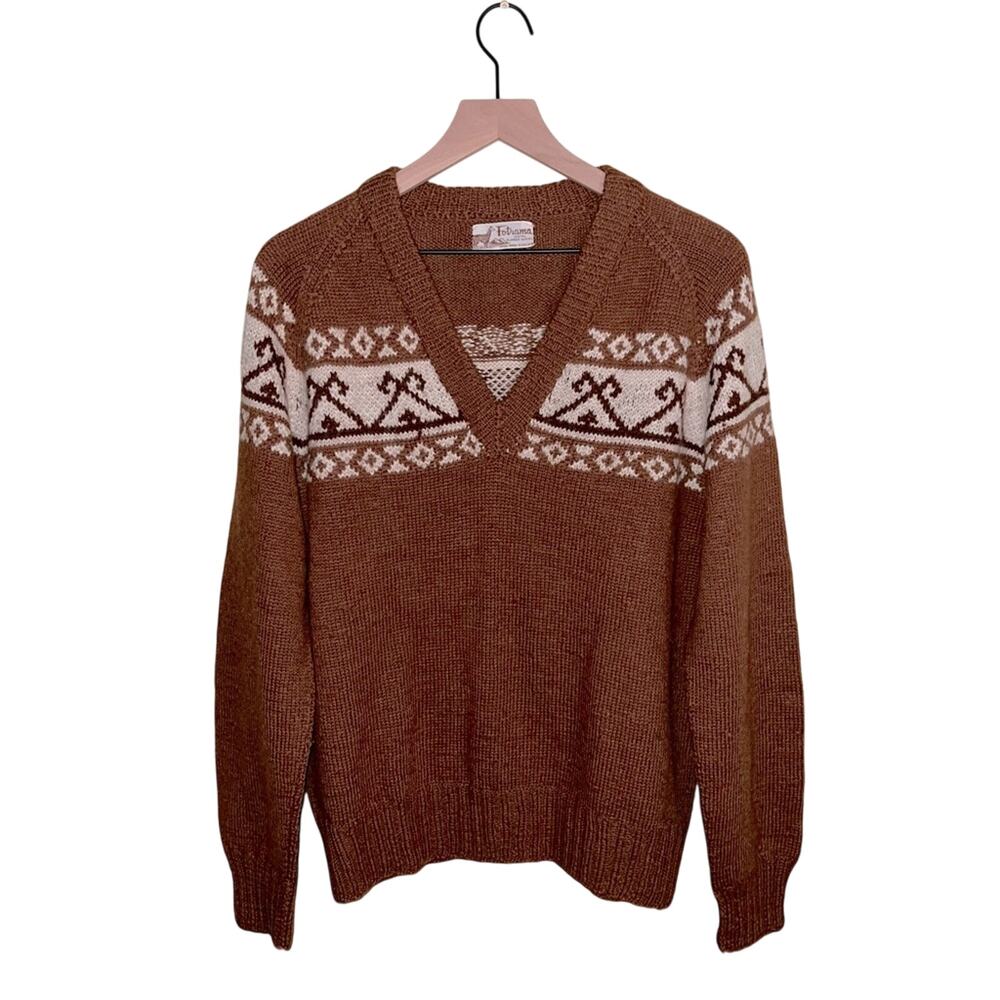 VNTG FOTRAMA cozy brown fair isle design cabin core alpaca wool v neck sweater L